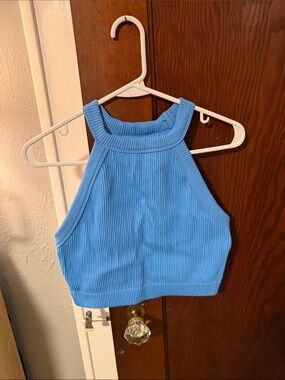 aerie Bright Blue Ribbed Halter Crop Top